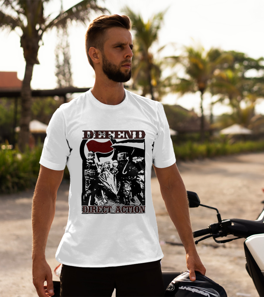 Defend Direct Action Antifa Protest Imagery With Red Flag Iconography T-Shirt
