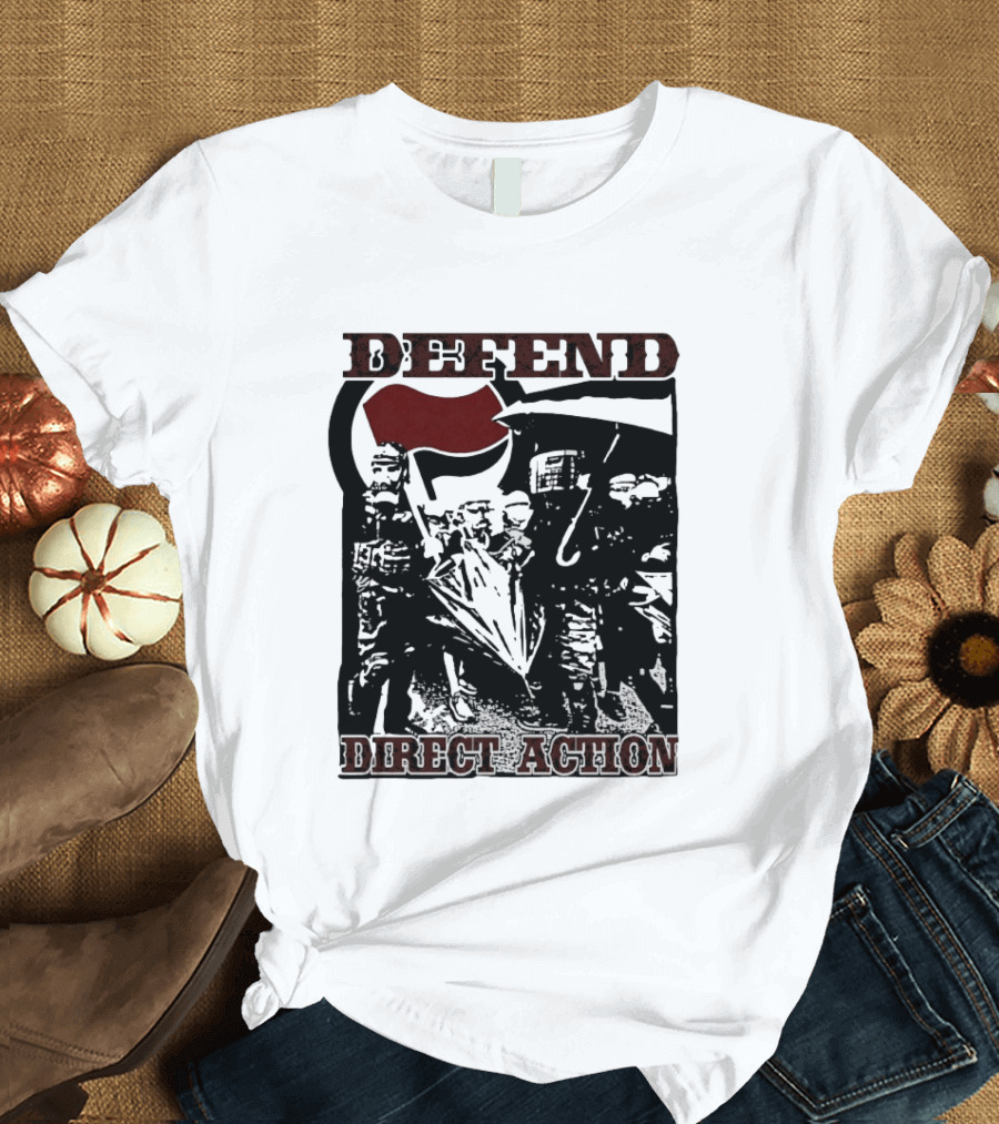 Defend Direct Action Antifa Protest Imagery With Red Flag Iconography T-Shirt