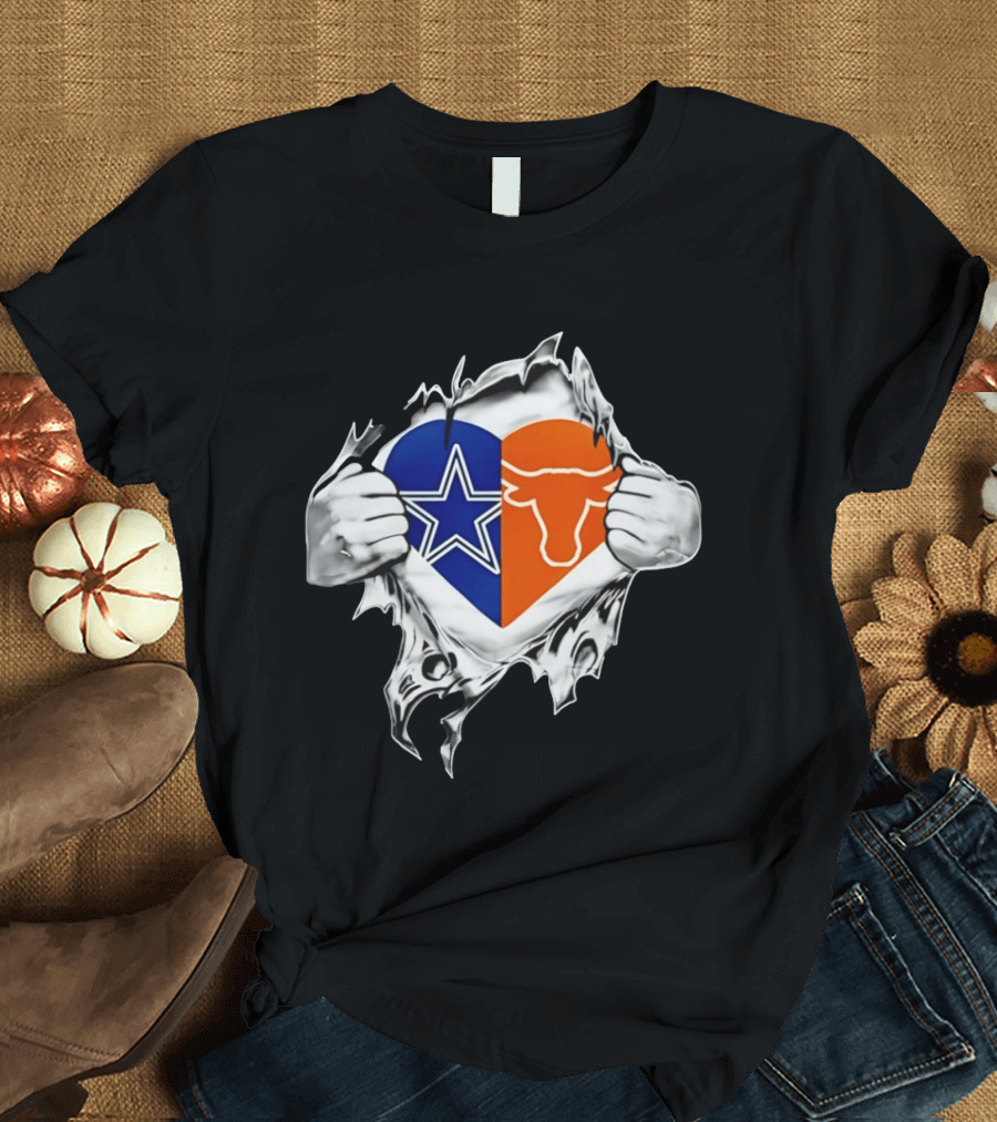 Dallas Cowboys And Texas Longhorns Heart Symbol Tearing T-Shirt