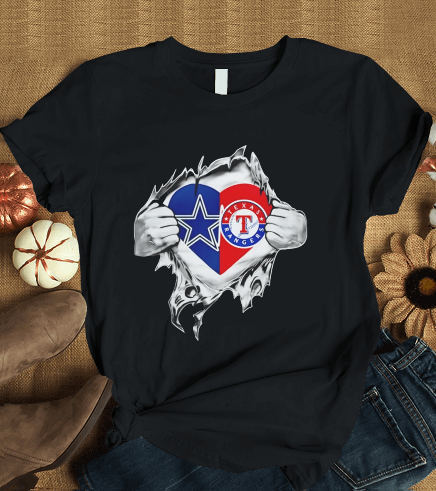 Dallas Cowboys Texas Rangers Heart Torn Open Sports T-Shirt