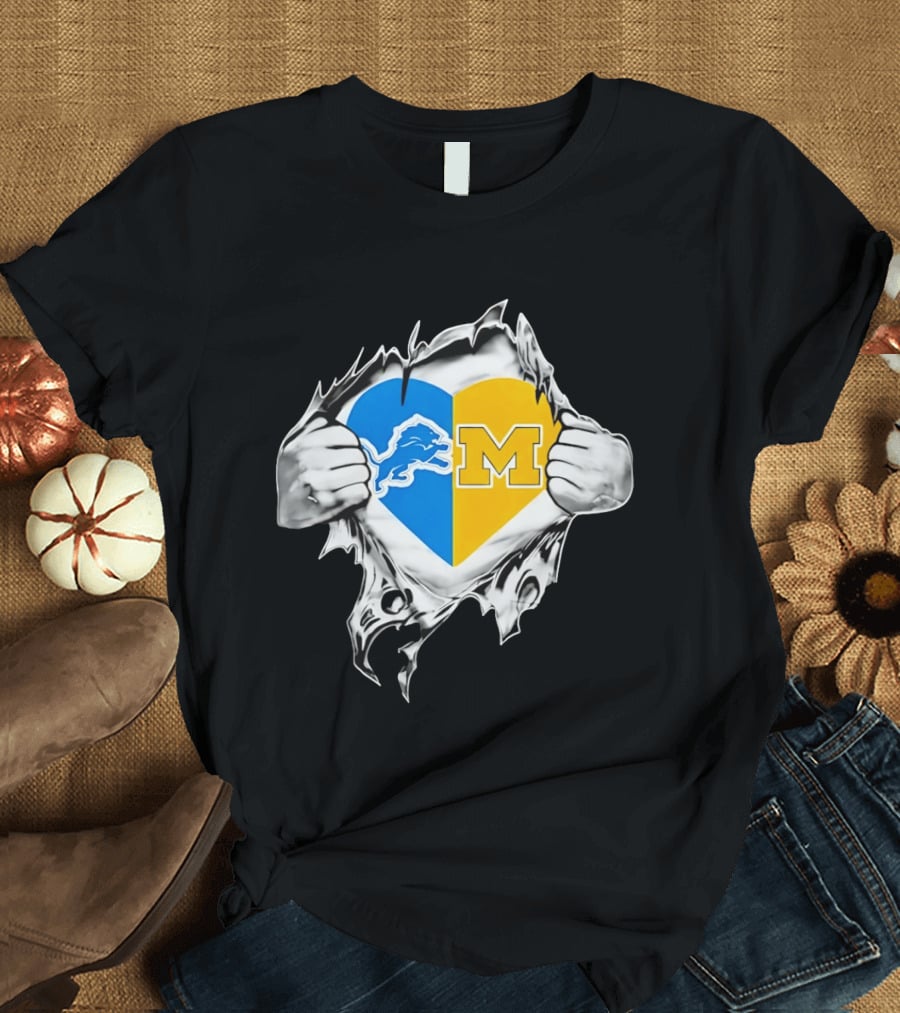 Detroit Lions Michigan Wolverines Heart Torn Reveal T-Shirt