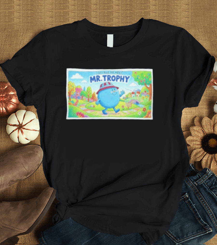 Sky Blue Mr. Men Mr. Trophy Character In Colorful Landscape Scene T-Shirt