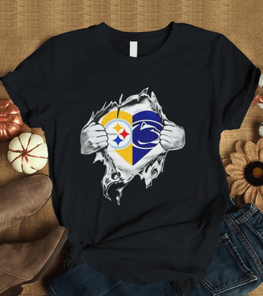 Steelers Penn State Heart Fan Logo Torn Fabric T-Shirt