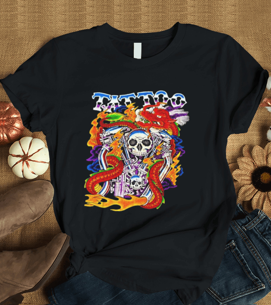 Tattoo Brand Dragon Skull Motorcycle Engine Flames T-Shirt