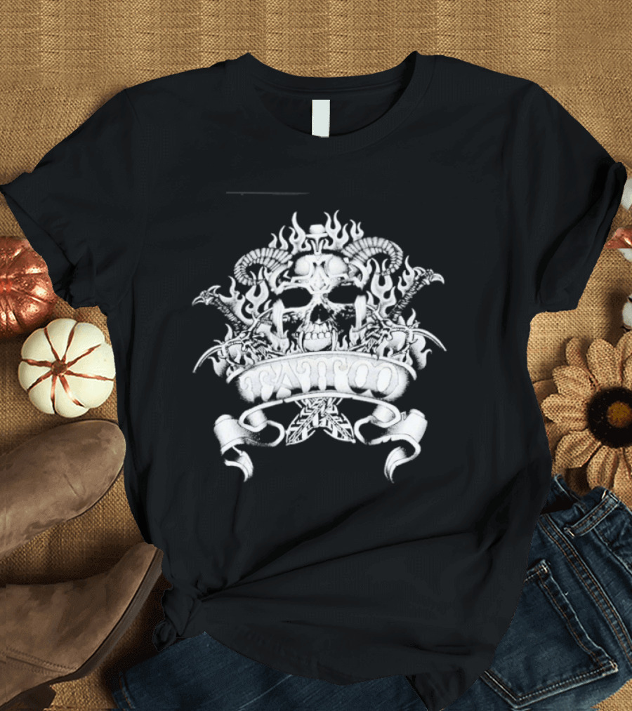 Skull With Horns And Flames Daggers Grim Reaper Tattoo T-Shirt