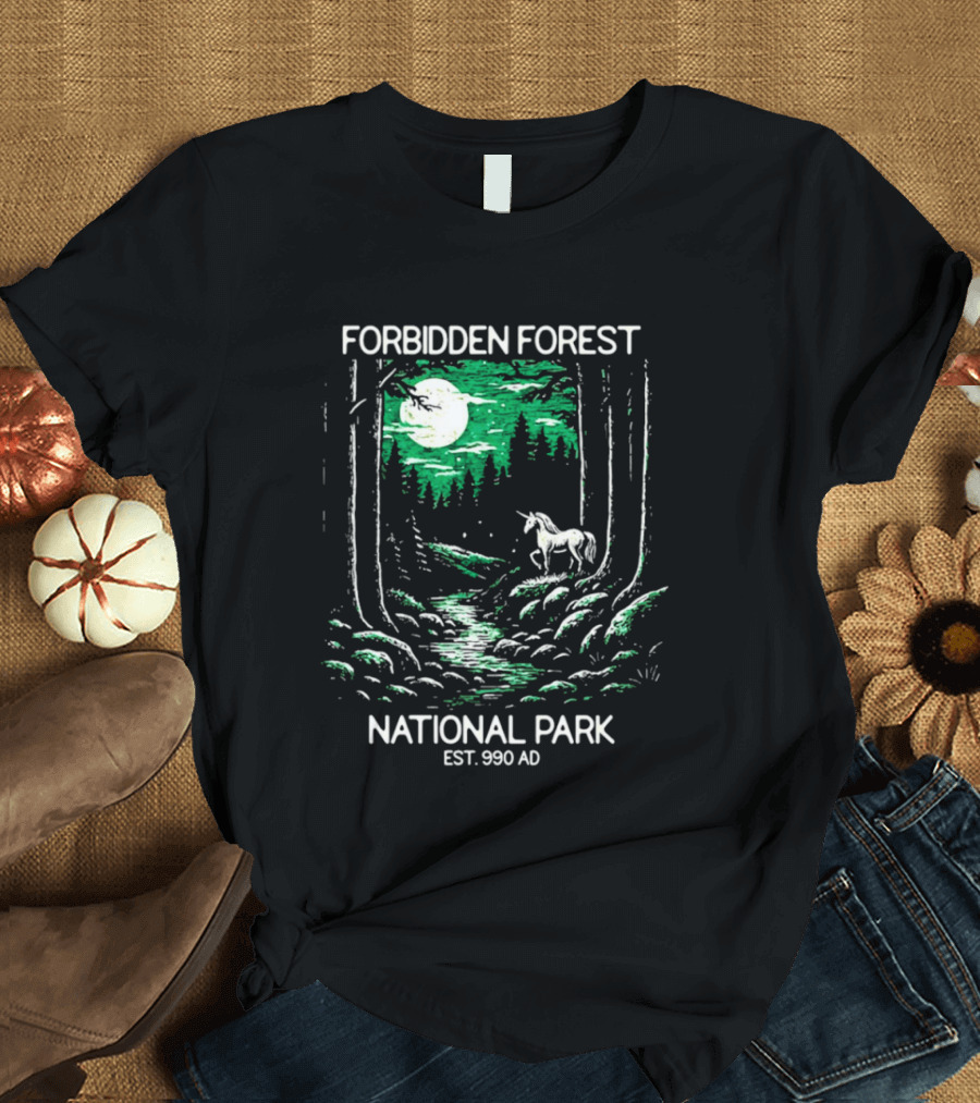 Forbidden Forest National Park Est 990 AD Moonlit Unicorn Scene T-Shirt