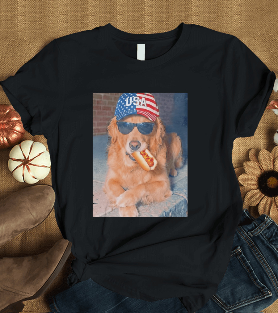 Golden Retriever With USA Hat Eating Hot Dog American Flag 4th Of July T-Shirt
