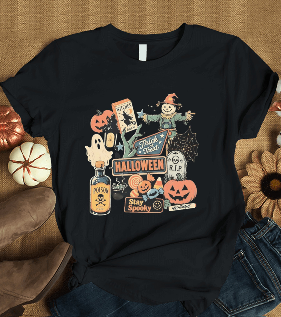 Halloween Trick Or Treat Stay Spooky Witches Brew Poison Nightmare R.I.P Ghost Pumpkins T-Shirt
