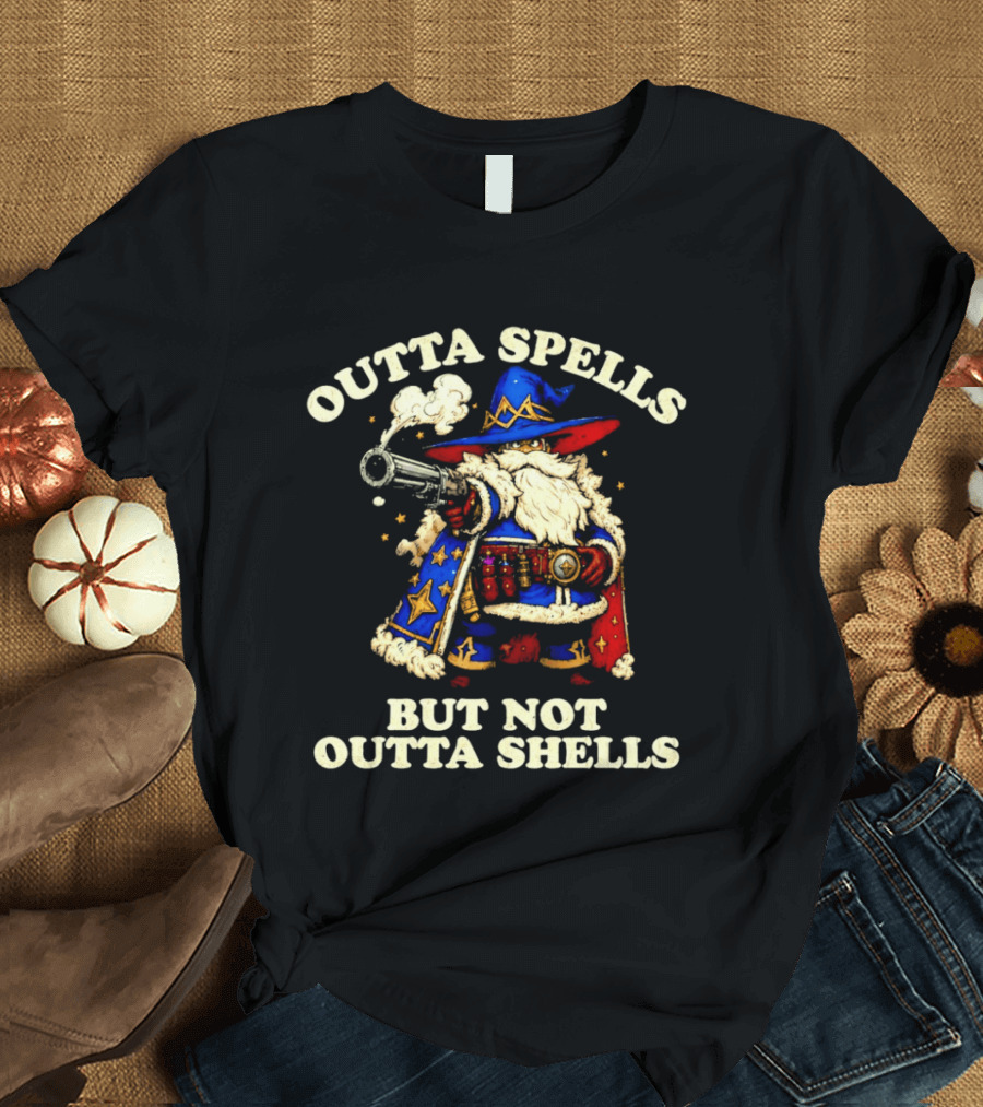 Outta Spells But Not Outta Shells Wizard With Shotgun Retro Magic Humor T-Shirt