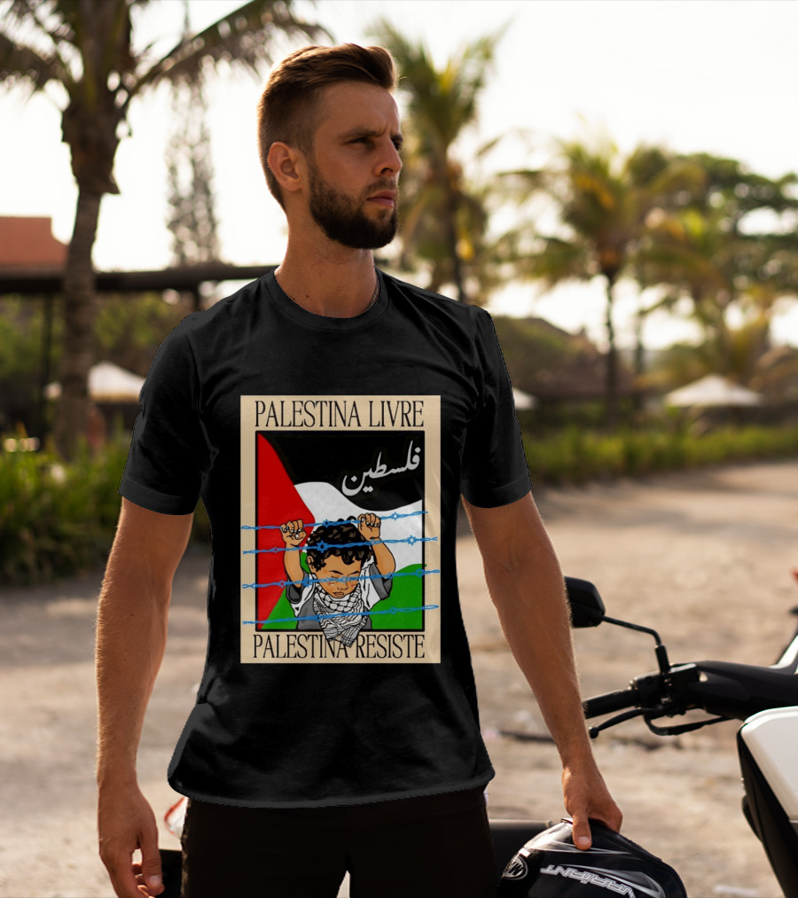 Palestina Livre Resistência Criança Frente Bandeira Arame Farpado T-Shirt