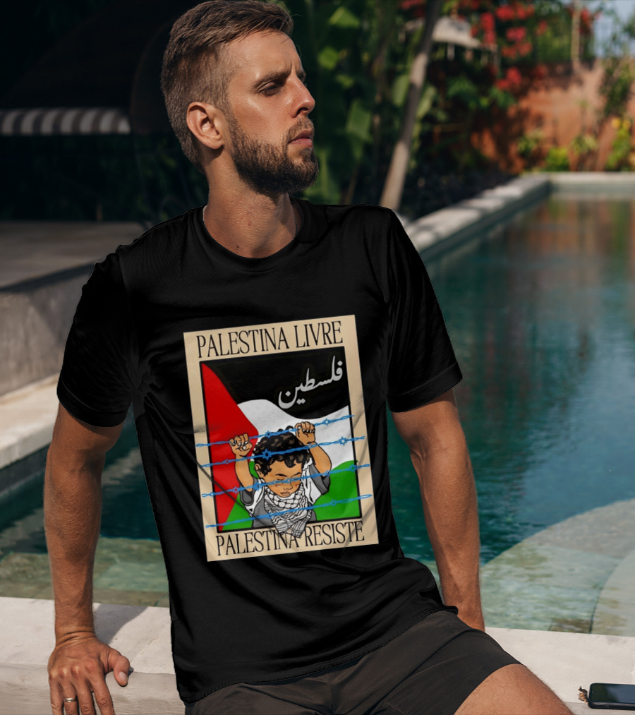 Palestina Livre Resistência Criança Frente Bandeira Arame Farpado T-Shirt