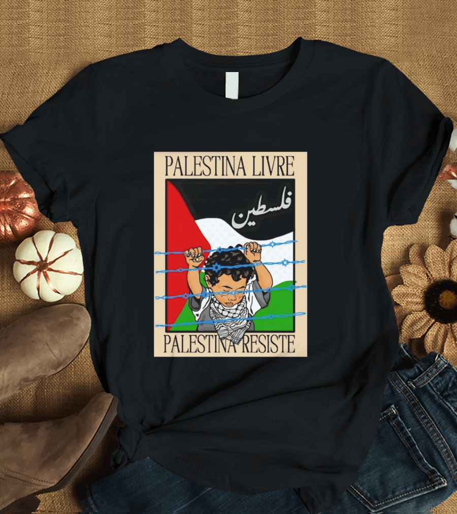Palestina Livre Resistência Criança Frente Bandeira Arame Farpado T-Shirt