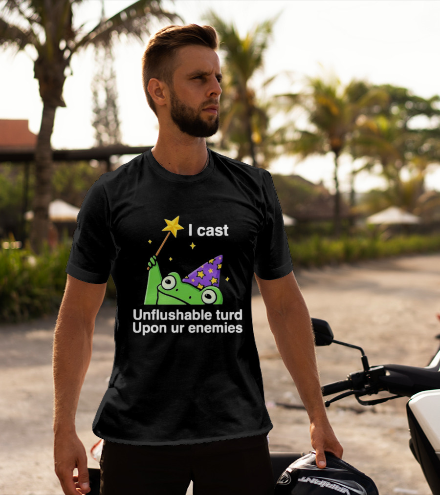 I Cast Unflushable Turd Upon Ur Enemies Frog Wizard Wand Stars Purple Hat T-Shirt