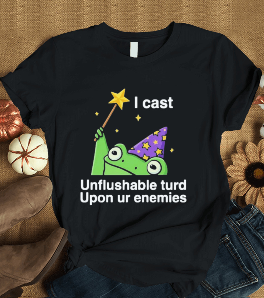 I Cast Unflushable Turd Upon Ur Enemies Frog Wizard Wand Stars Purple Hat T-Shirt