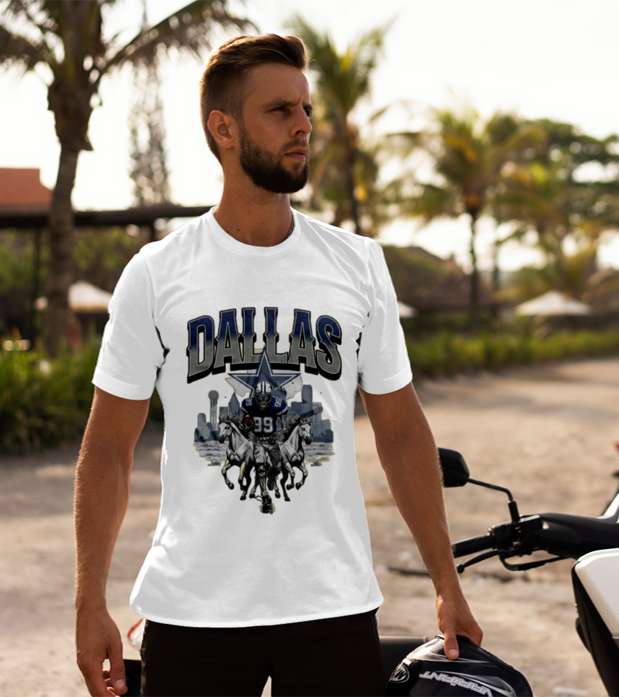 Dallas Cowboys Gameday Skeleton Football Player With Horses And Skyline T-Shirt