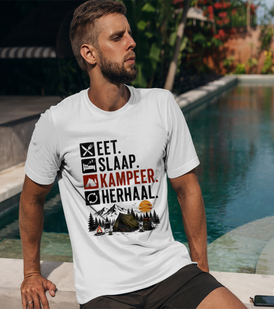 Eet Slaap Kampeer Herhaal Camping Tent Mountains Campfire Sunset T-Shirt