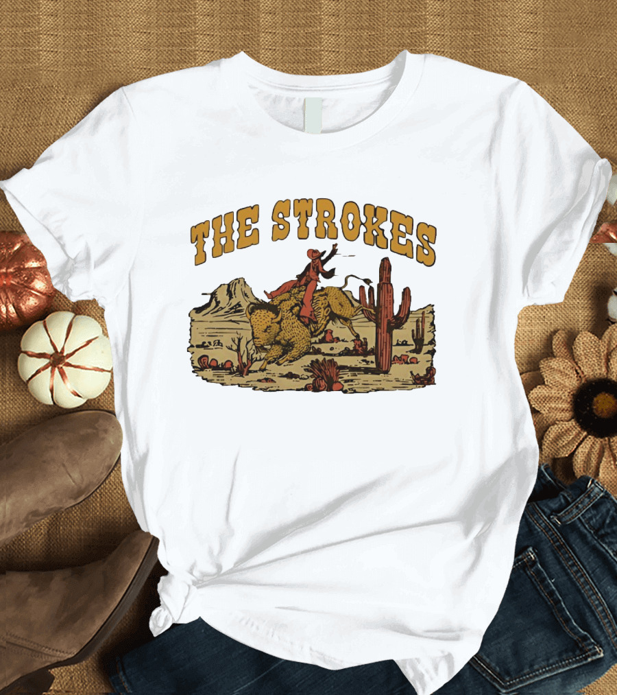 The Strokes Cowboy Riding Cheetah Desert Scene Classic Western T-Shirt