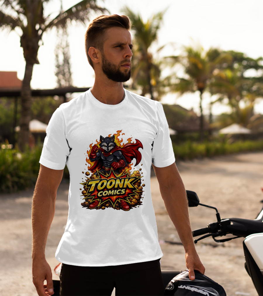 Toonk Comics Superhero Raccoon With Fiery Cape T-Shirt