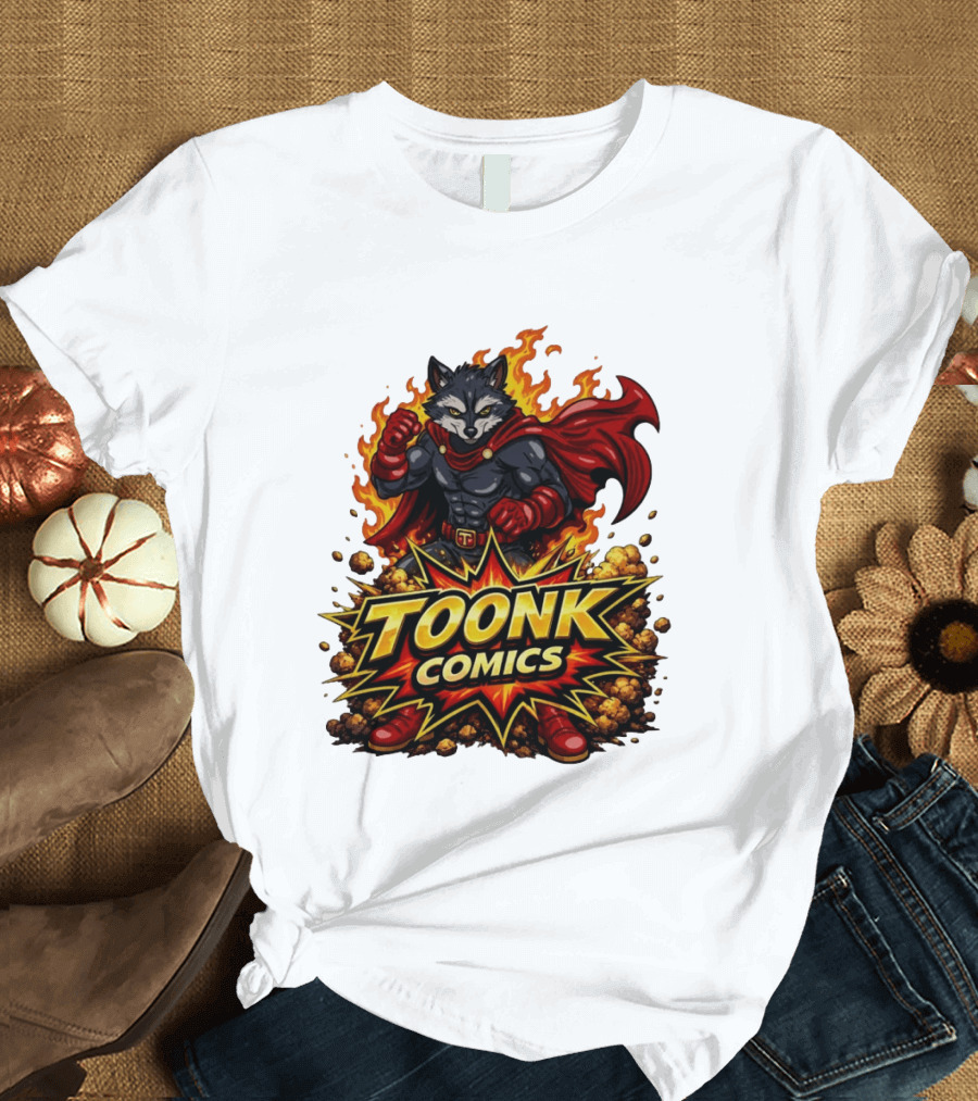 Toonk Comics Superhero Raccoon With Fiery Cape T-Shirt
