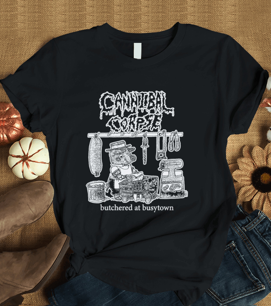 Cannibal Corpse Butchered At Busytown Graphic With Cartoon Butcher Scene T-Shirt