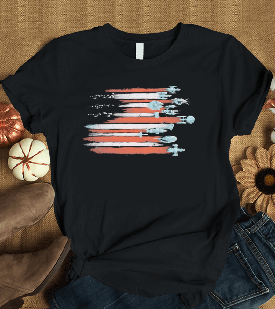 American Flag With Spacecraft Sci Fi T-Shirt