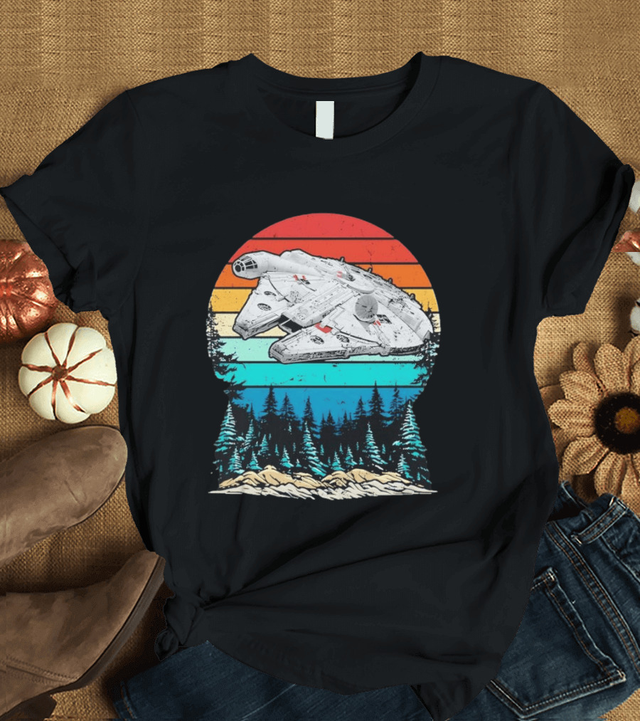 Millennium Falcon Endor Sunset Forest Scene T-Shirt
