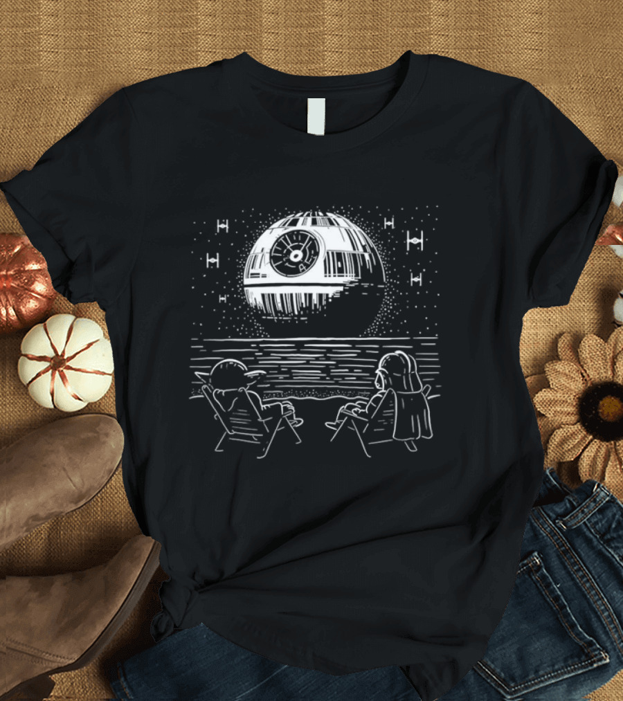 Yoda And Vader Relaxing By The Beach With Death Star In The Sky T-Shirt
