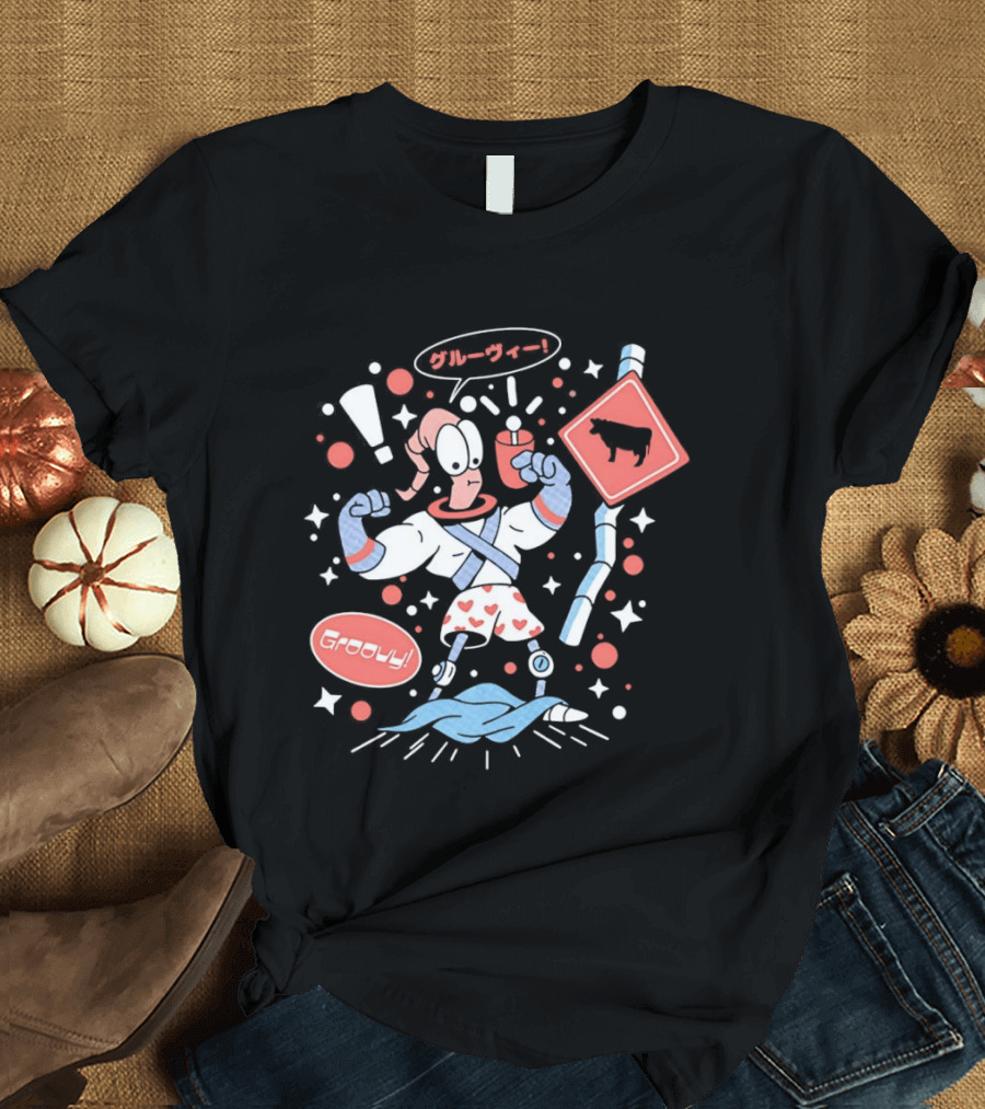 Earthworm Jim Groovy Boxer Shorts Cow Sign T-Shirt