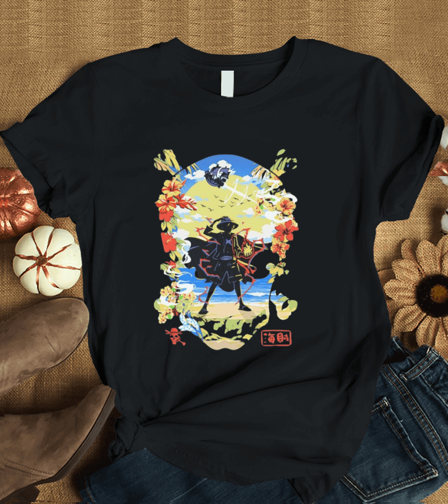 Monkey D Luffy One Piece Hat Pirate Beach Scene Floral Surrounding T-Shirt