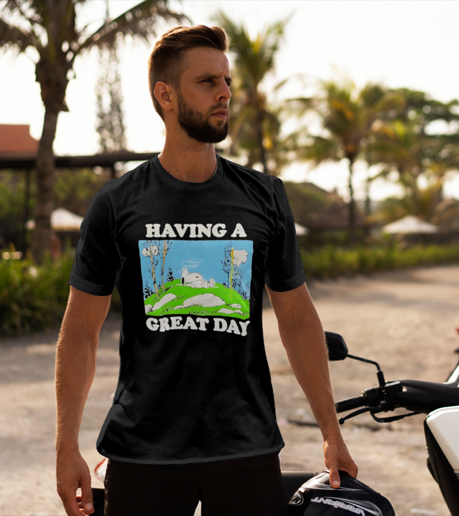 Snoopy Having A Great Day Relaxing On The Green Hill With Blue Sky And Clouds T-Shirt