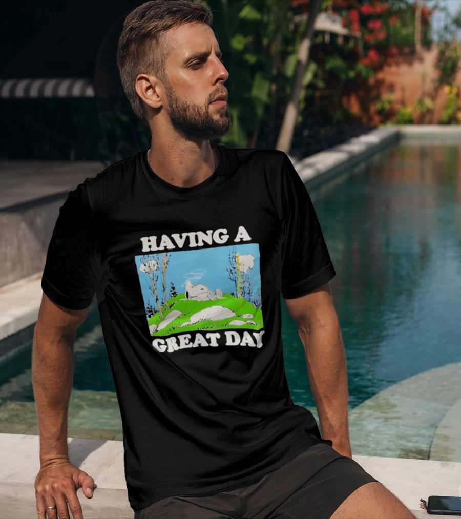 Snoopy Having A Great Day Relaxing On The Green Hill With Blue Sky And Clouds T-Shirt