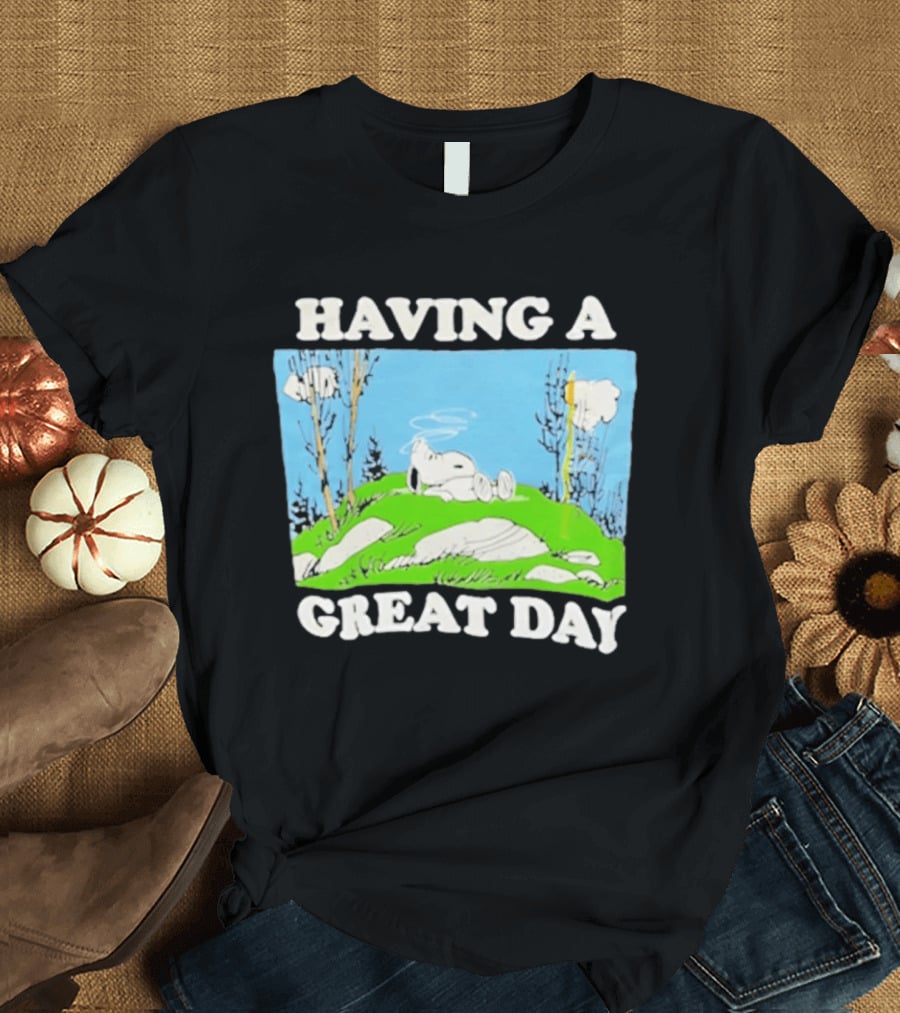 Snoopy Having A Great Day Relaxing On The Green Hill With Blue Sky And Clouds T-Shirt