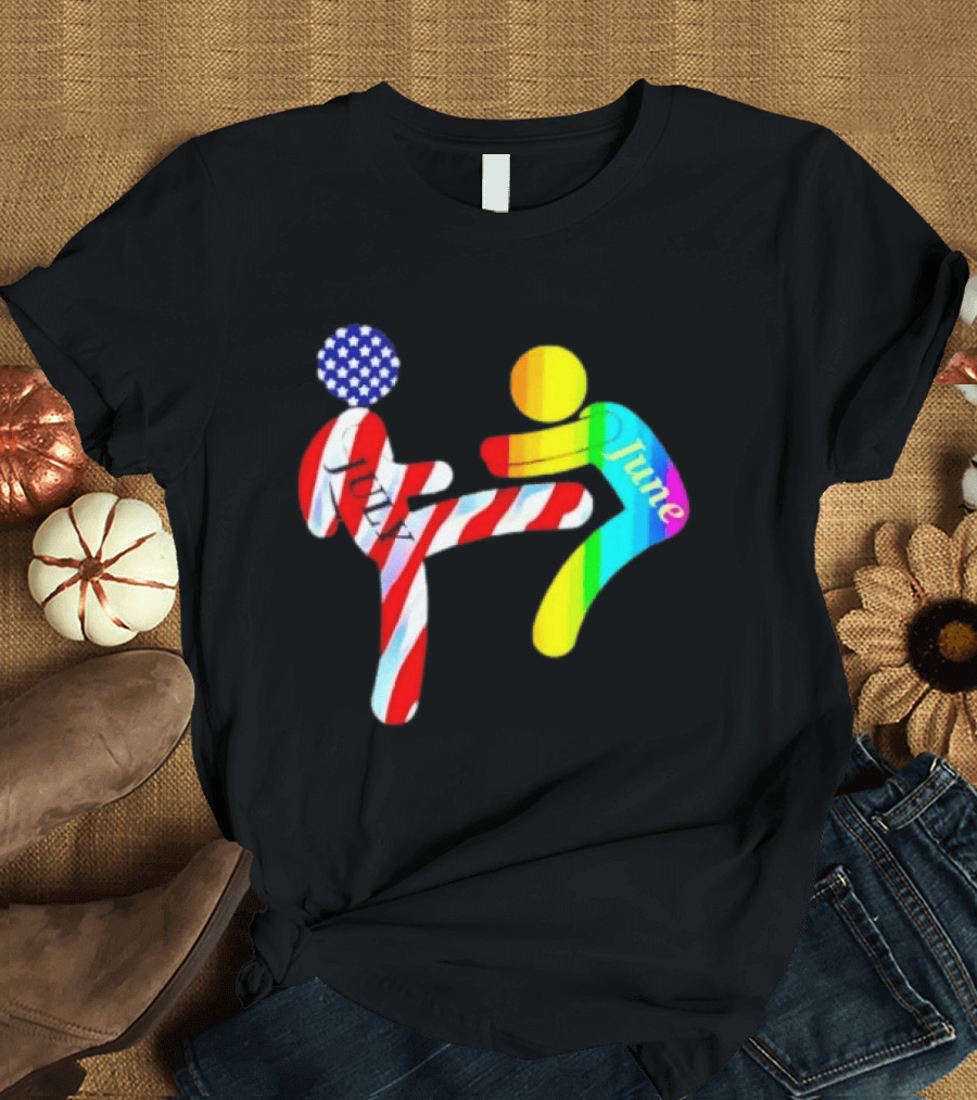 July Independence Kick With June Pride Month Rainbow Flag USA Stars And Stripes T-Shirt