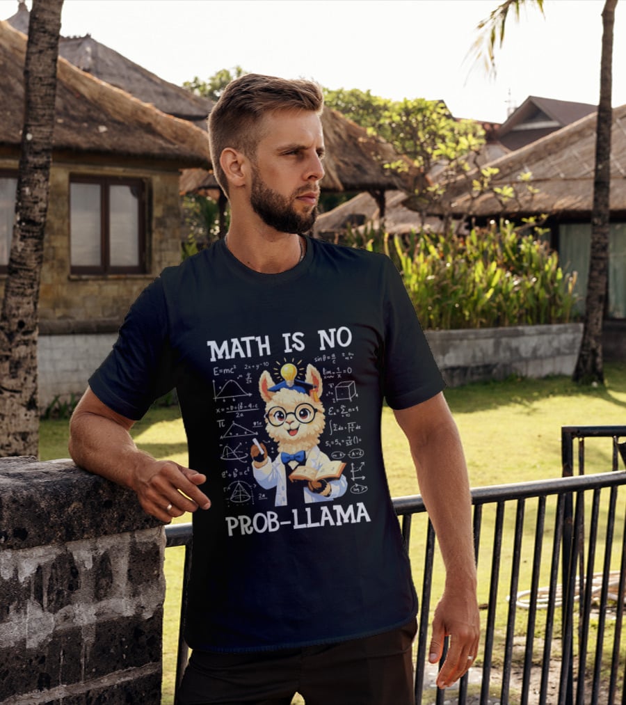 Math Is No Prob Llama Scientist With Test Tube And Equations T-Shirt
