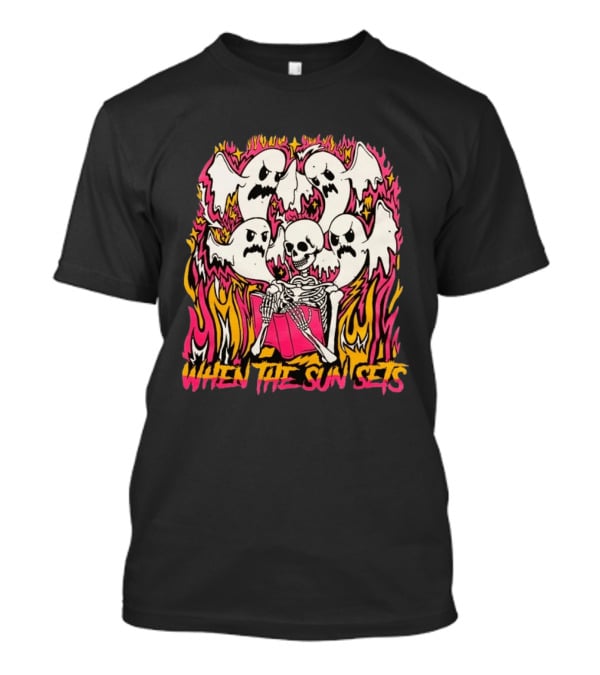 When The Sun Sets Ghost And Skeleton Illustration With Vibrant Pink And Yellow Flames T-Shirt