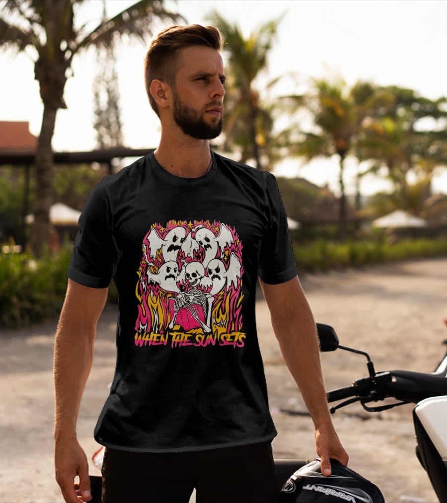 When The Sun Sets Ghost And Skeleton Illustration With Vibrant Pink And Yellow Flames T-Shirt