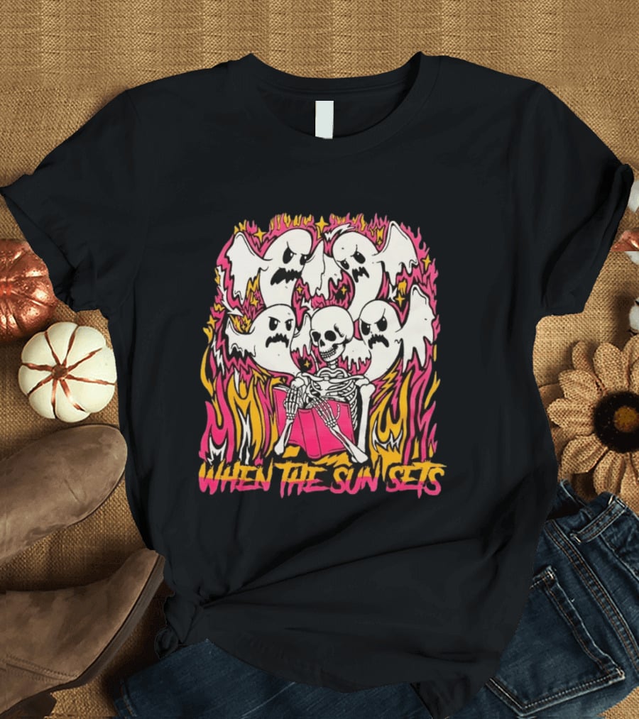 When The Sun Sets Ghost And Skeleton Illustration With Vibrant Pink And Yellow Flames T-Shirt