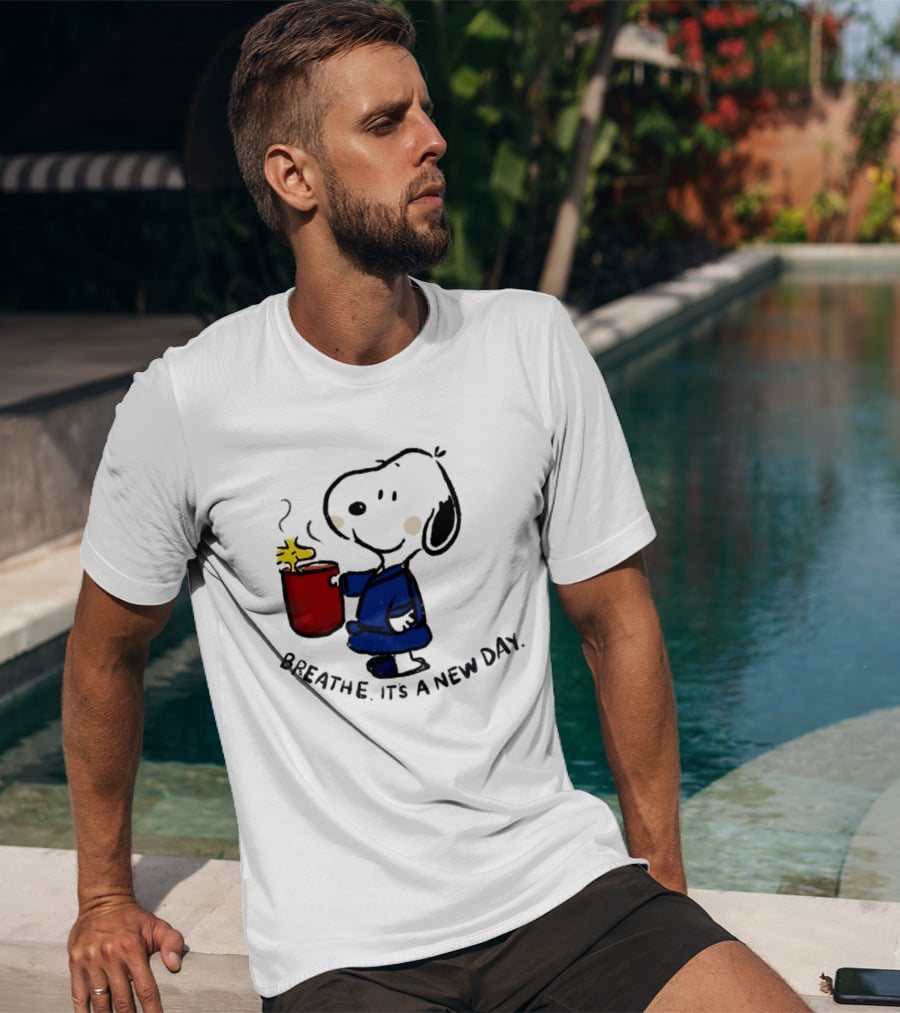 Snoopy And Woodstock Breathe It's A New Day Coffee Relaxation T-Shirt