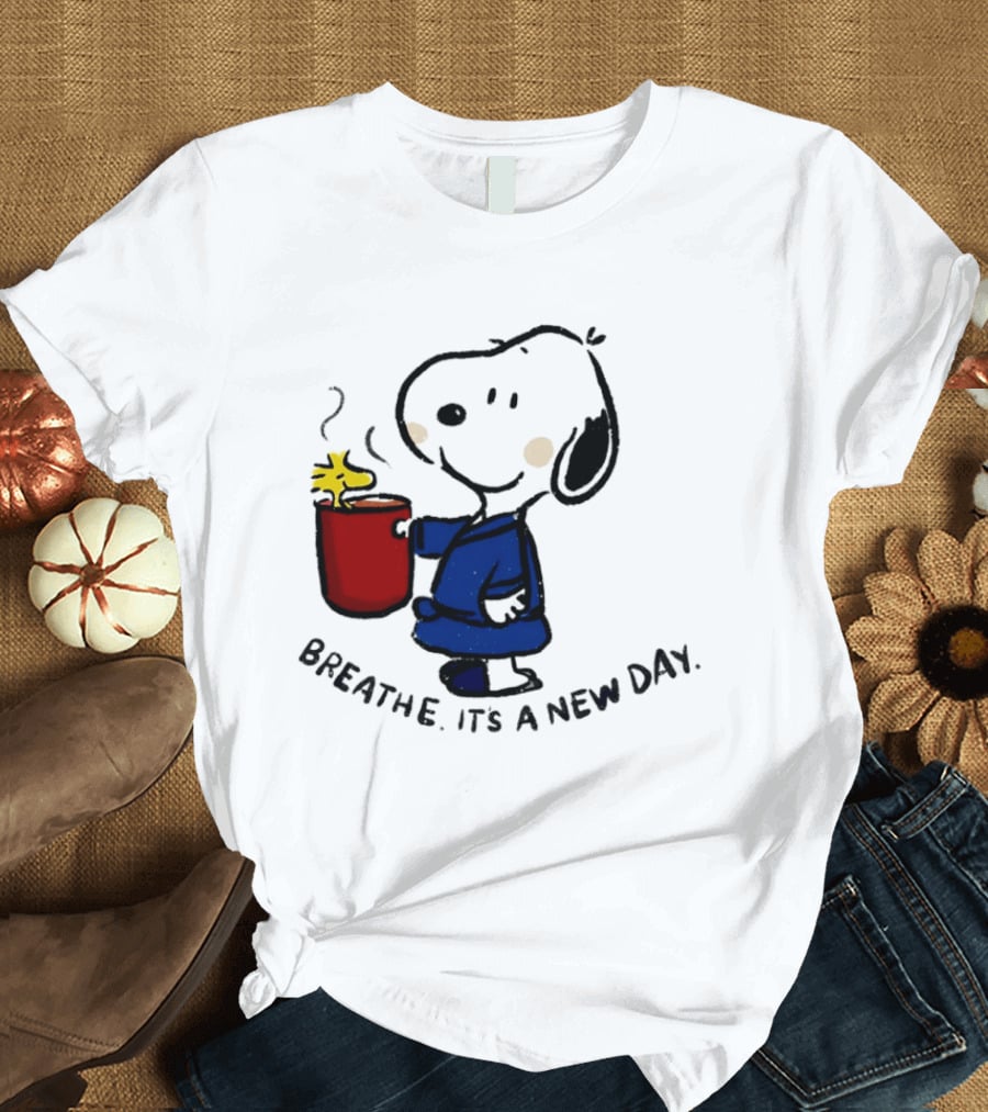 Snoopy And Woodstock Breathe It's A New Day Coffee Relaxation T-Shirt