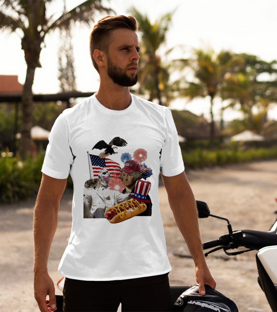 Merica Abraham Lincoln George Washington Hot Dog Eagle Fireworks Patriotic Celebration T-Shirt