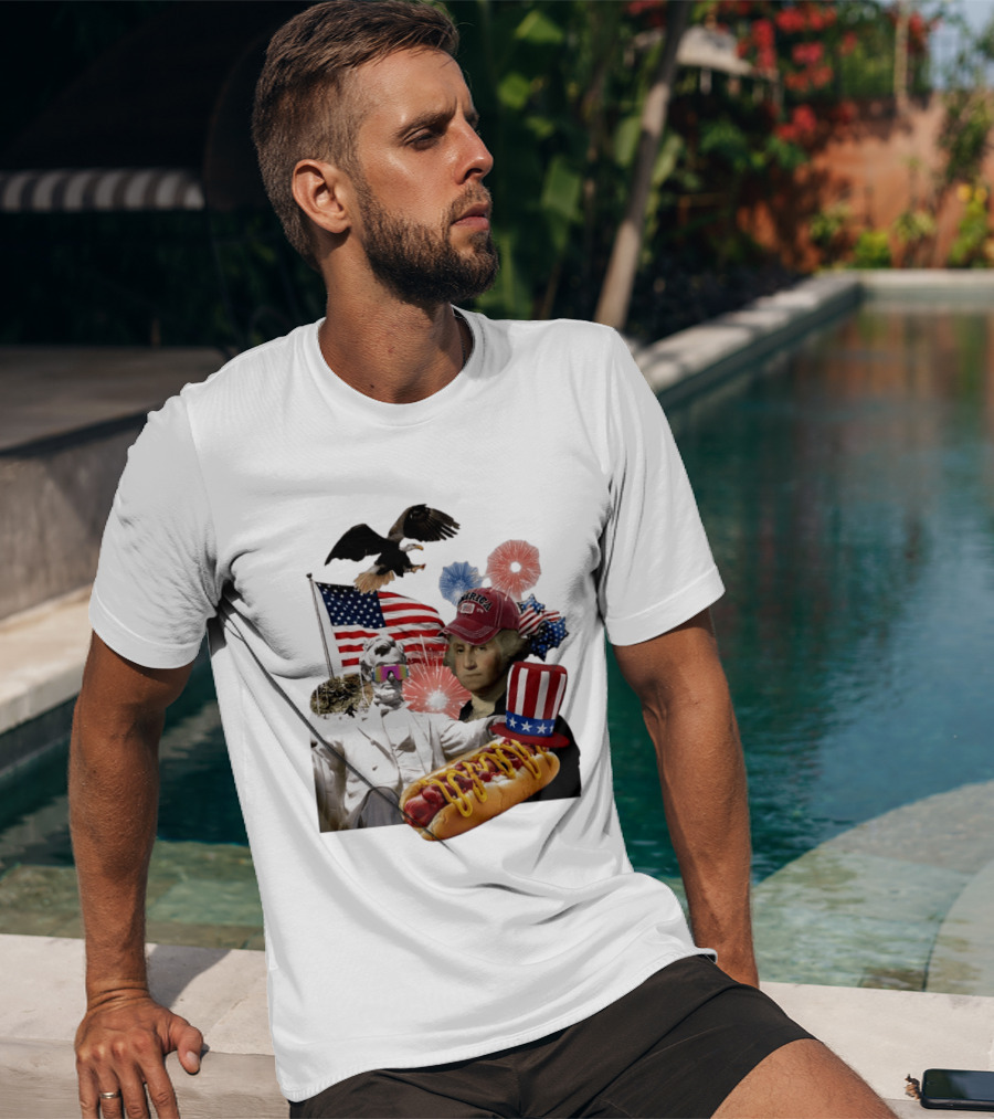 Merica Abraham Lincoln George Washington Hot Dog Eagle Fireworks Patriotic Celebration T-Shirt