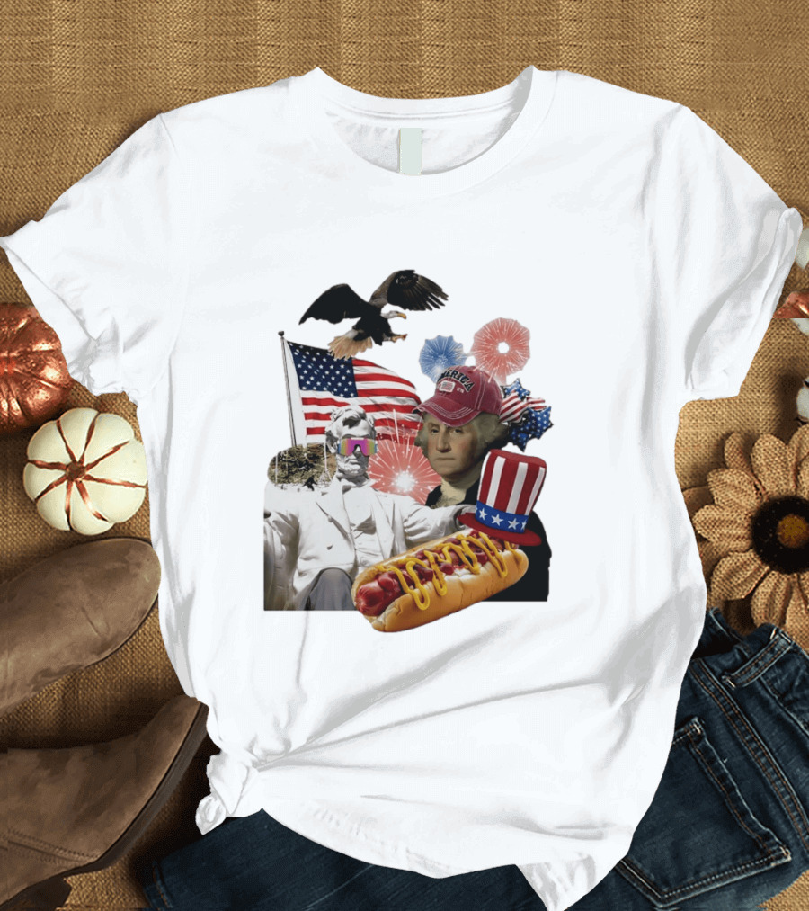 Merica Abraham Lincoln George Washington Hot Dog Eagle Fireworks Patriotic Celebration T-Shirt