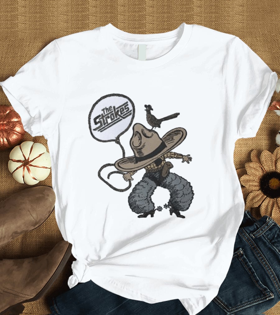 The Strokes Tour 2026 Illustrated Cowboy Holding Lasso With Bird And Cowboy Hat T-Shirt