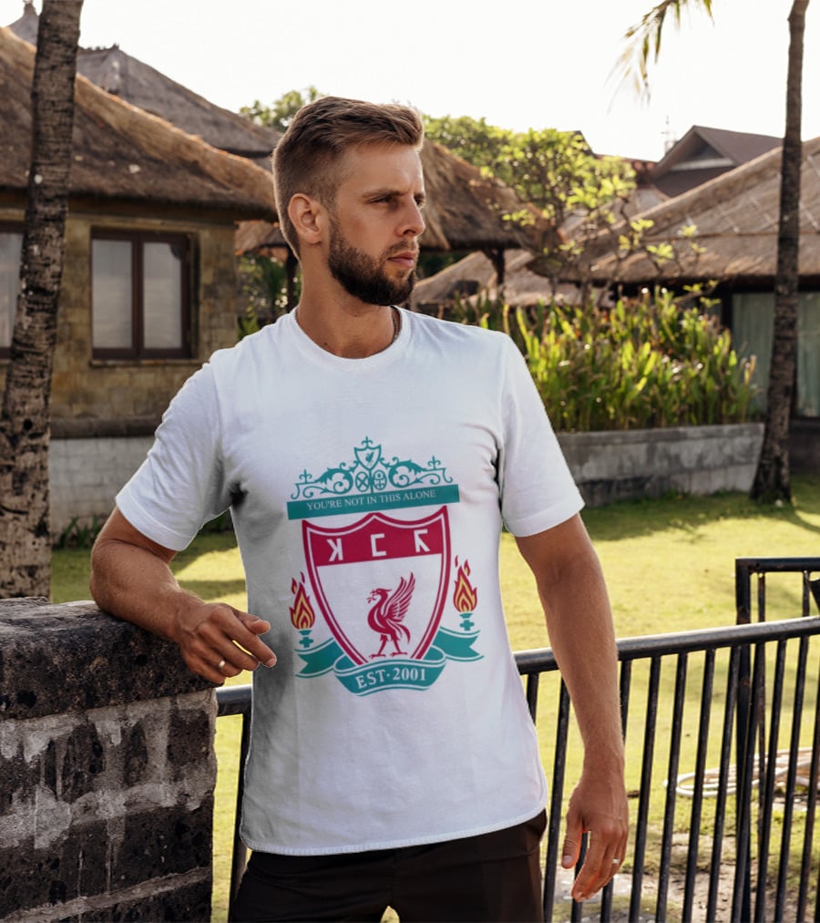 You're Not In This Alone Est 2001 Liverpool KFC Parody Crest With Liver Bird And Eternal Flames T-Shirt