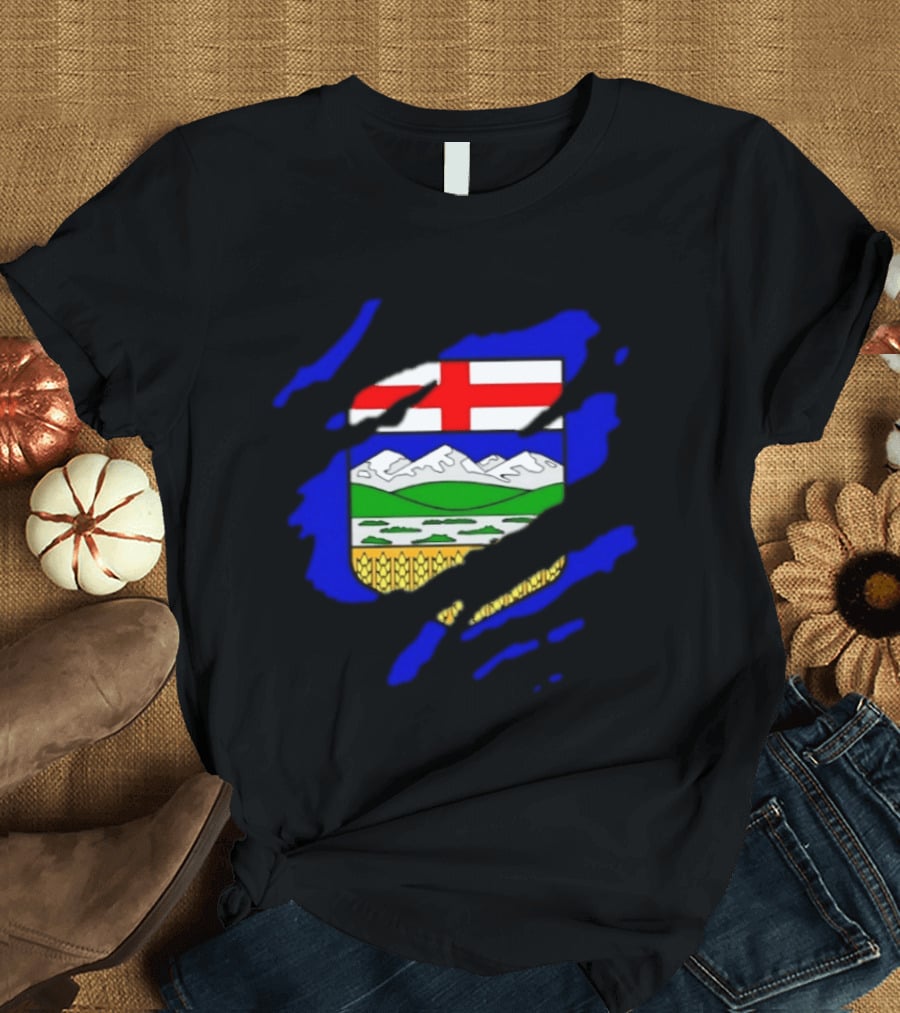 Alberta Coat Of Arms Ripped Effect Canada Flag Emblem Heritage Display T-Shirt