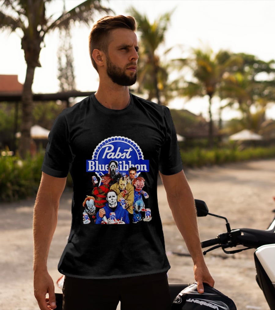 Pabst Blue Ribbon Horror Movie Characters Drinking Beer T-Shirt