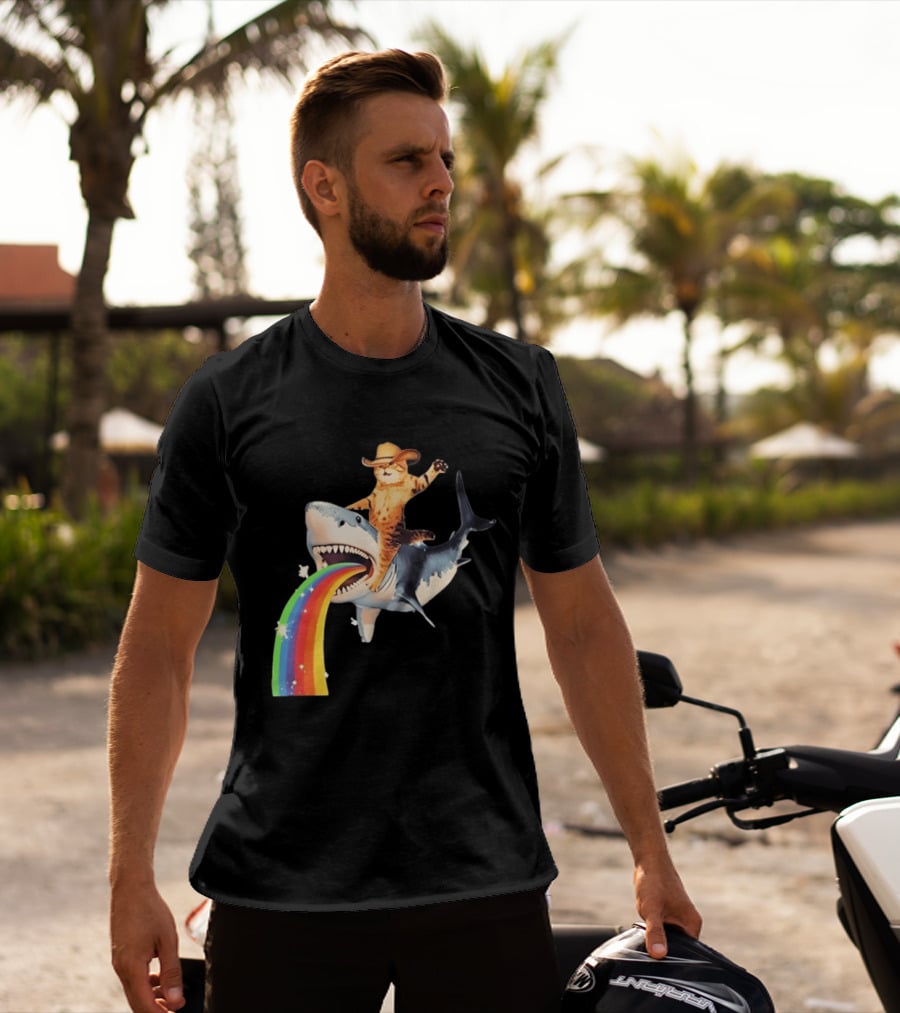 Cowboy Cat Riding Shark With Rainbow T-Shirt