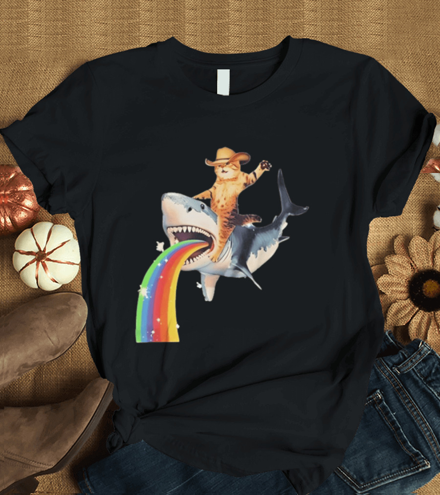 Cowboy Cat Riding Shark With Rainbow T-Shirt