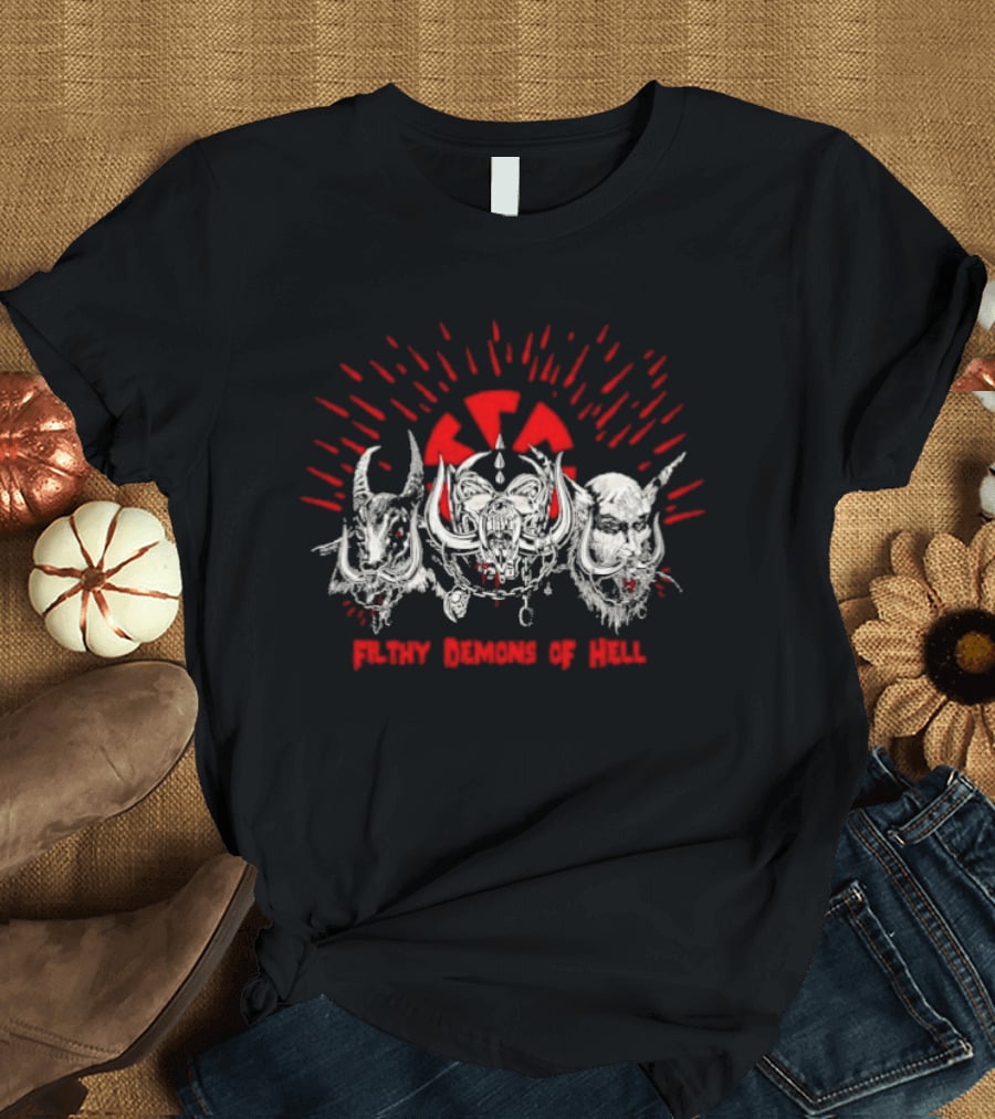 Filthy Demons Of Hell Heavy Metal Satanic Skulls And Radiation T-Shirt