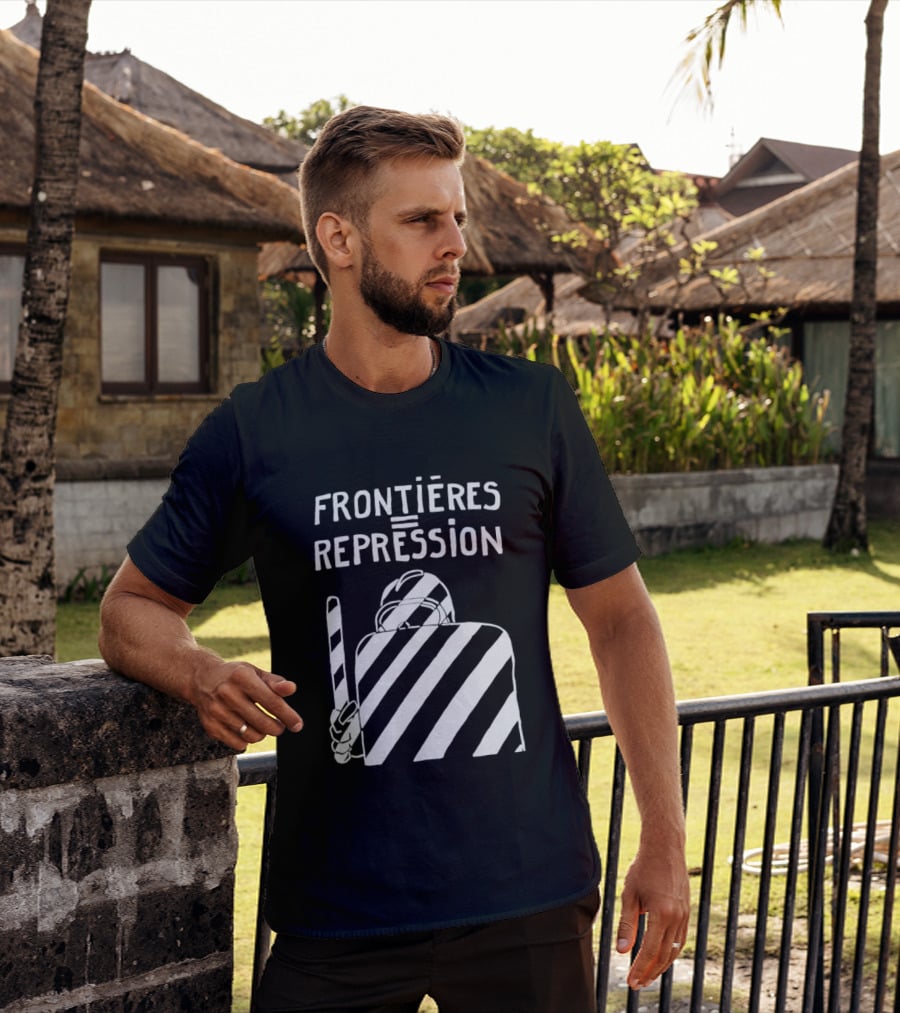 Frontieres Repression Protest Symbolism Bold Font White Stripes T-Shirt